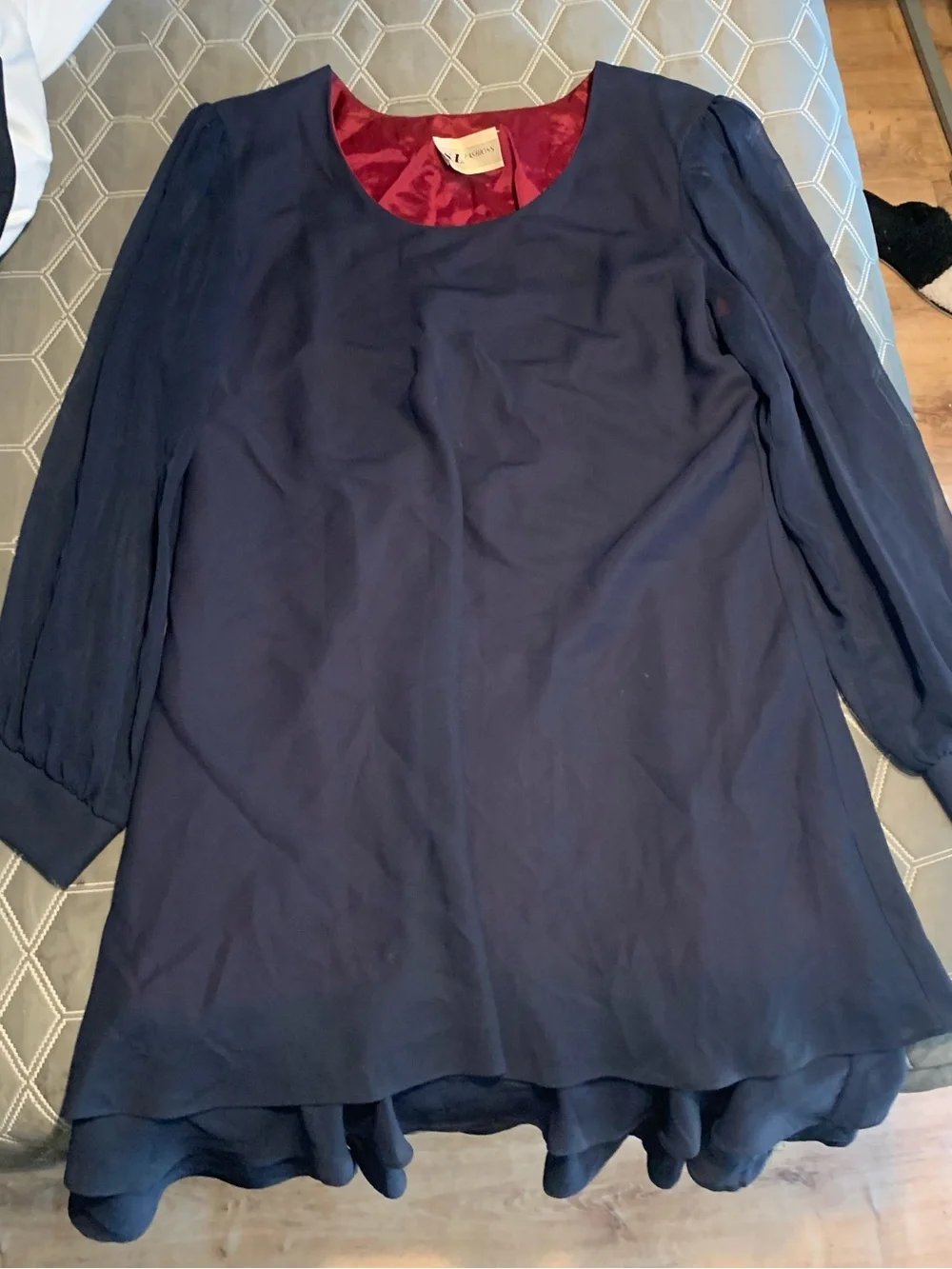 S.L. Fashions Navy Long-Sleeve Layered-Hem Tunic with Red Lining